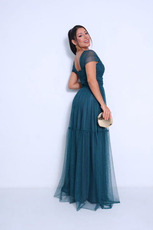 VESTIDO DECOTE TRIANGULO TULE BRILHANTE VESTIDO DE FESTA PETRA FINA